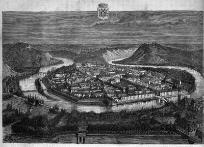 ブザンソンの街の風景。La republique illustree "の個人コレクションにある1880年のエングレーヴィング。 作： French School