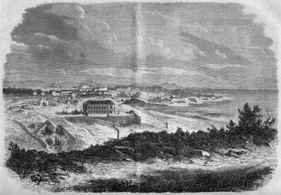 1858年、ピレネー大西洋（64）のビアリッツの街の風景。1858年9月18日付「Le Monde Illustré」75号に掲載された版画。 作： French School