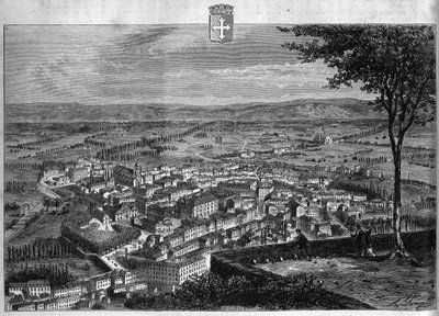 アイン地方のブールの街の風景。La republique illustree "の個人コレクションにある1880年のエングレーヴィング。 作： French School