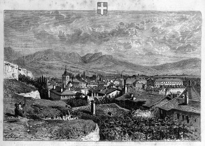 サヴォイのシャンベリの街の風景。La republique illustree "の個人コレクションにある1880年のエングレーヴィング。 作： French School