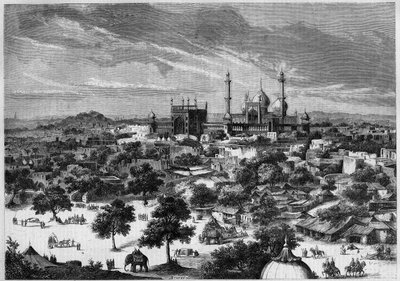 1857年のデリー（インド）の街の風景。アレクシス・ソルティコフ公爵のスケッチより。1857年8月29日付「Le Monde Illustré」第20号に掲載されたベルトランの版画。 作： French School