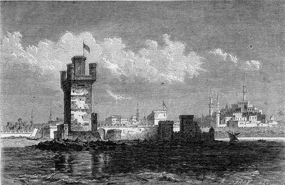 1863年の地震で破壊された角塔サン・ミシェル(Saint Michel)のあるロードス島(ギリシャ)の街の風景。1863年5月30日付「Le Monde Illustré」320号に掲載されたエングレーヴィング。 作： French School