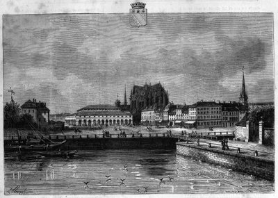 夜明けのトロワの街の風景。La republique illustree "の個人コレクションにある1880年のエングレーヴィング。 作： French School