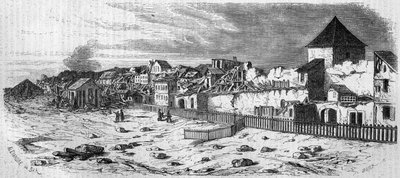 1857年に火薬庫が爆発した後の、マインツ（ドイツ）のカストリッチ市の地区の様子。写真より。1857年12月19日付の "Le Monde Illustré "36号に掲載されたエングレーヴィング。 作： French School