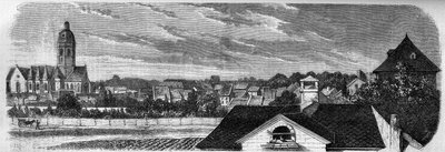 1857年に火薬庫が爆発する前の、マインツ（ドイツ）のカストリッチ市の地区の様子。写真より。1857年12月19日付の "Le Monde Illustré "36号に掲載されたエングレーヴィング。 作： French School