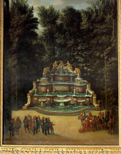 1713年、大トリアノンの庭園にある「水の宴」の噴水の様子。手前にあるのはプロムナードでのルイ14世 Peinture de Charles Chatelain.18世紀。寸法2,96x1,42 m. ヴェルサイユ、ヴェルサイユ宮殿とトリアノンの城 作： French School