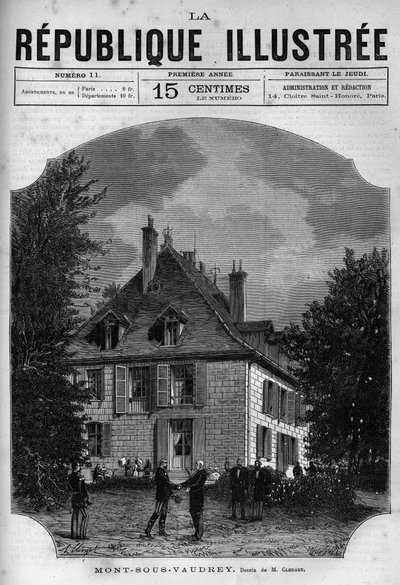 フランシュ・コンテのモン・スー・ヴォードレー(Mont-sous-Vaudrey)にあるジュール・グレヴィ大統領(1807-1891)の家の眺め。ある新聞。La republique illustree」個人所蔵の1880年のエングレーヴィング。 作： French School