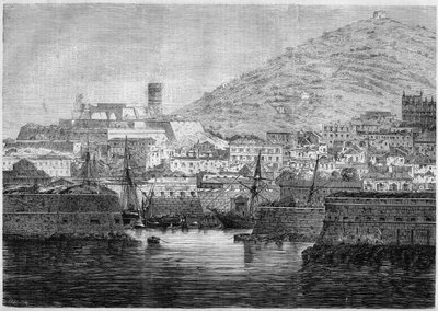 イタリア・ゲーテ（Gaeta）の港と町の風景 作： French School