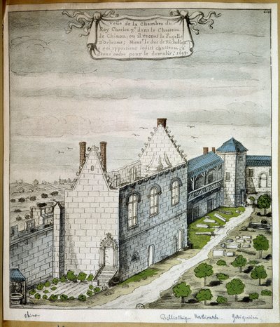 オルレアンの乙女を迎えたシノン城のシャルル7世の部屋の様子 - 水彩画 作： French School