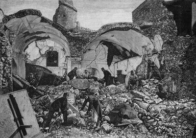 1881年の地震で破壊されたイスキア島（イタリア）のキエーゼ・デル・プルガトリオの廃墟の眺め。1881年4月9日付「The Illustrous World」1254号に掲載されたケスネルの版画。 作： French School