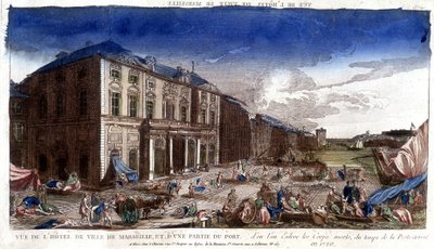 マルセイユ市庁舎と、1720年にペスト発生時の死体が到着した港の一部の眺め - 彫刻 作： French School