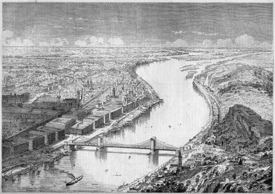 1861年のハンガリーの首都ペスの街と、1840年から1849年にかけて建設されたシェシェニィ橋（シャイネス橋）の風景。1861年8月31日付「Le Monde Illustré」229号に掲載された版画。 作： French School