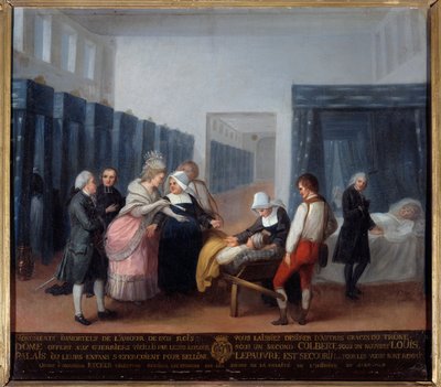 ネッカー夫妻の慈善ホスピス訪問 1778年に大臣とレトル夫人が設立した病院（現在のパリのネッカー病院）です。フランス派の絵画。18世紀。パリ、ピュブリク支援美術館 作： French School