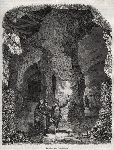19世紀のパリの地下墓地の見学 - ジャック・アントワーヌ・ドゥローレ著「パリの物理的・市民的・道徳的歴史：最古の歴史時代から現代まで」に掲載された版画 作： French School