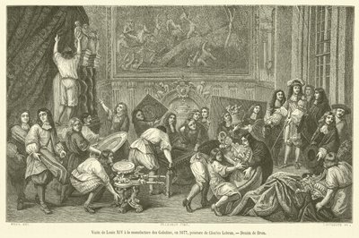 1677年、ルイ14世のゴブラン織り工場への訪問(エングレービング) 作： French School