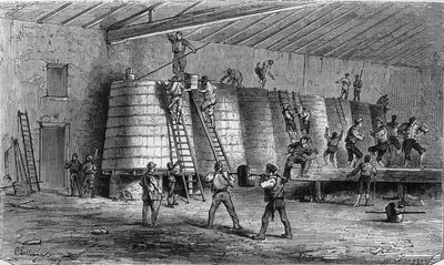メドックのブドウ栽培：破砕とヴァッティング。1868年1月11日付の "Le Monde Illustre "561号に掲載された図版。 作： French School