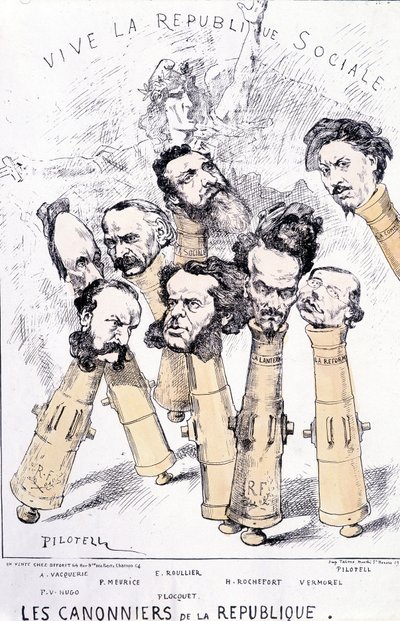 Vive la République sociale - 共和国の大砲：A.Vacquerie、F.V.Hugo、P.Meurice、E.Roullier、Flocquet、H.Rochefort、Vermorel、Pilotell。カートゥーン。 作： French School