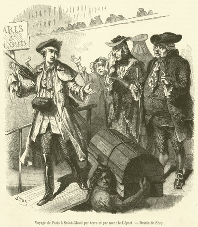 パリからサン・クルーまでの陸路と海路の旅、ル・デパルト（版画 作： French School