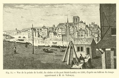 1590年の街の先端、回廊、サンランドリーの港の眺め。 M de Valencayに属するタイムテーブルによると 作： French School