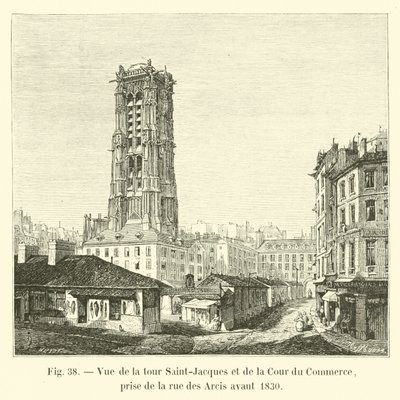 1830年以前にアルク通りから撮ったサンジャックタワーとクールドゥコマースの眺め 作： French School