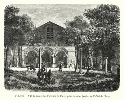ホテル・ドゥ・クリュニーの庭園から見たパリのテルム宮の眺め（版画 作： French School