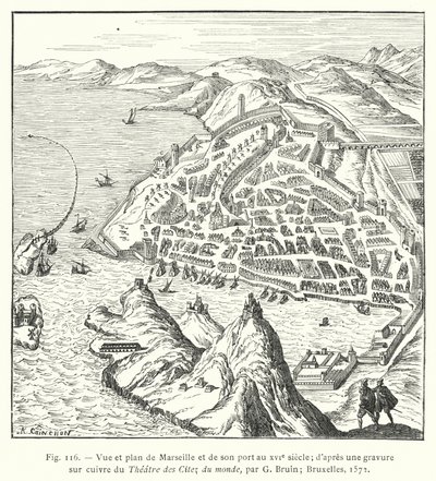 16世紀のマルセイユとその港の眺望と平面図（G Bruinによる「Theatre des Citez du monde」の銅版画より）：ブリュッセル 作： French School