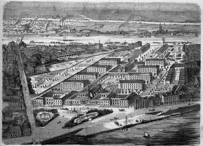 1863年に落成したナントのホテル・デュー（Hotel-Dieu）の外観。この病院は1943年の空襲でほぼ全壊する。Loire Atlantique (44).1863年12月5日発行の「Le Monde Illustre」347号に掲載された版画。 作： French School