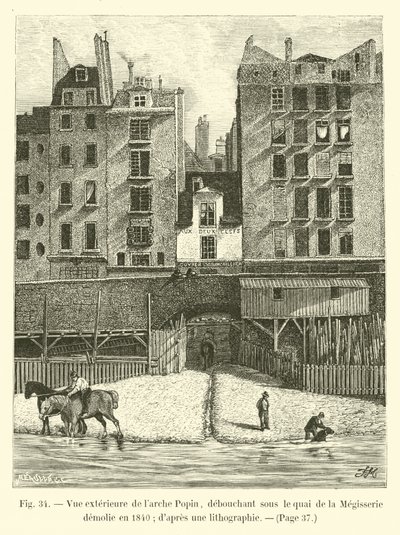 1840年に破壊されたメジスリーの岸壁の下に浮かぶポピンの箱舟の外観。リトグラフから 作： French School