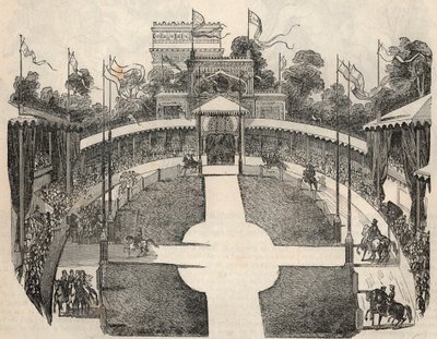 パリ、エトワール広場の競馬場の眺め - Edmond Texier 1852年の "Tableau-de-Paris "に掲載されたエングレービング 作： French School