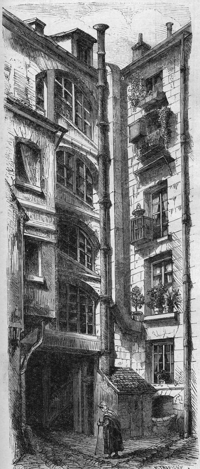 ピエール・コルネイユが住んでいたパリのアルジャントゥイユ通り18番地の家の中庭の内観。1867年1月3日付の "Le Monde Illustre "308号に掲載された図版。 作： French School