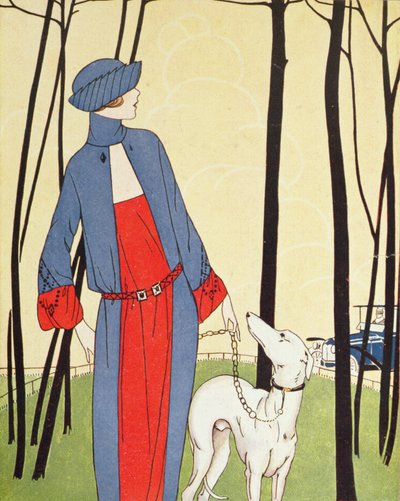 犬の散歩、1921年4月「Art-Goût-Beauté」より（プリント） 作： French School