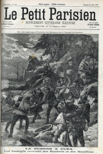 キューバの戦争（独立）。補強材と弾薬を受け取るインサージェスキューバ人は1895年にスペインの支配に対抗して立ち上がり、1896年にアメリカ人の助けを借りて戦争を終結させた。"The Little Parisien", 24/04/1898. 作： French School