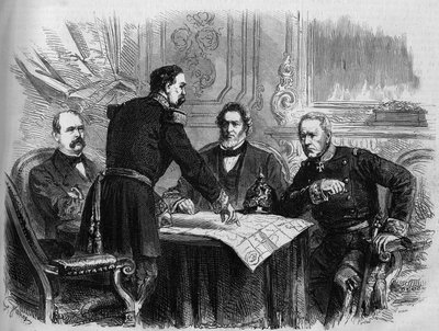 1870年戦争-パリ包囲：パリ降伏後、フランス代表とプロイセン代表の間で結ばれた休戦協定の調印（1871年1月28日）。左から右へ。オットー・フォン・ビスマルク(1815-1898)、ホリックス・ドゥ・ヴァルダン(1810-1883)、ジュール・ファーブル(1809-1880)。 作： French School