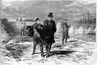 1870年の戦争。ドイツとの休戦交渉の決裂を決めたアドルフ・ティエール（1797-1877）とジュール・ファーブル（1809-1880）のインタビュー。1870年11月12日付「Le Monde Illustré」第709号に掲載された版画。 作： French School