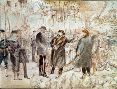 1870年の戦争。レオン・ガンベッタ、気球でパリの包囲網を離れる（絵画 作： French School