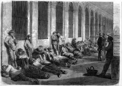 1870年の戦争。戦費調達のための国家融資を申し込むために大蔵省前に並ぶパリ市民。窓開けの前日を描いたシーン 作： French School