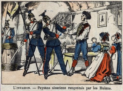 1870年のフランスとプロイセンの戦争。エピナルのヒューランズ（Uhlans、Houlans）のイメージでアルザスの農民が暴走。 作： French School