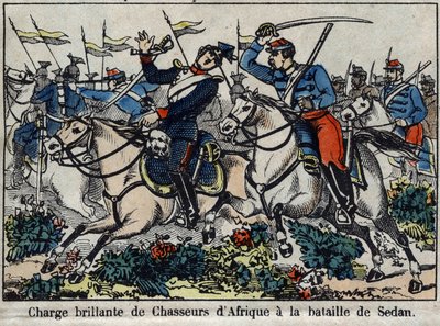 1870年のフランスとプロイセンの戦争：1870年のセダンの戦いでのアフリカ人ハンターの突撃。エピナルのイメージ。 作： French School