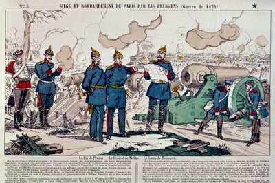 1870年の戦争：プロイセン軍によるパリ市街の包囲と砲撃。プロイセン国王ウィリアム1世（1797-1888）、モルトケ将軍（1800-1891）、オットー・フォン・ビスマルク首相（1815-1898）が参謀となった。1870年のエングレーヴィング。パリ、カルナヴァレ美術館蔵 作： French School