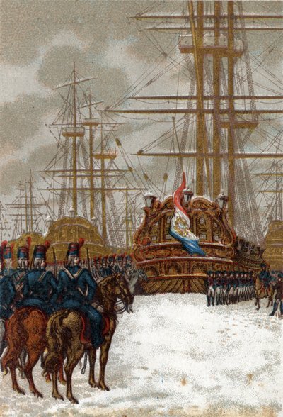 フランス革命の戦争。オランダのヘルダーでのオランダ艦隊の捕獲（1794年12月下旬～1795年1月初旬）：艦隊はピケグル将軍の騎兵に奪われ、氷のために船の動きは一切できなかった。 作： French School