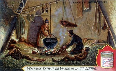 寝る方法。トナカイの皮と発泡スチロールの上にラップ層。リービッヒのクロモリ・パッケージング。 作： French School