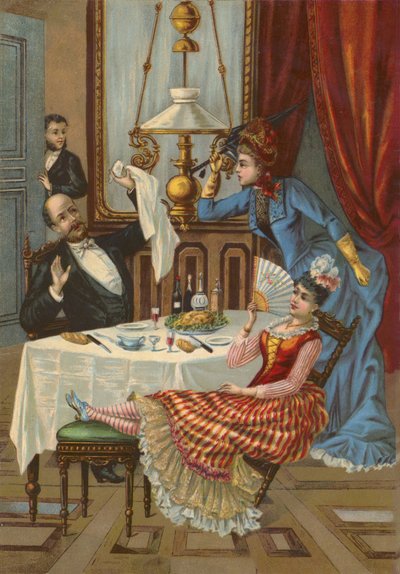 愛人を夕食に招いた夫を叱責する妻（クロモリト） 作： French School