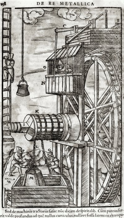 鉱山から水を得るためのウィンチ、アグリコラとして知られるGeorg Bauer（1494-1566）によるDe Re Metallicaのイラスト、1561 作： French School