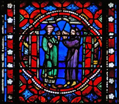 聖ボネのローマへの旅の様子を描いたウィンドウs1-R。リルバーブの修道院の大修道院長から軽食を受け取る 作： French School