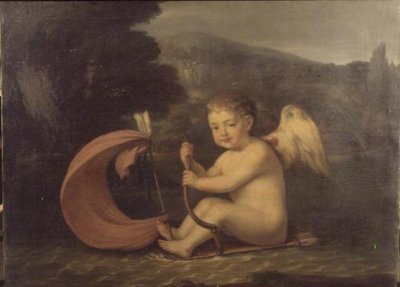 翼のあるキューピッド、矢筒の船体と矢のマストを持つ船を操る、1800年頃 作： French School