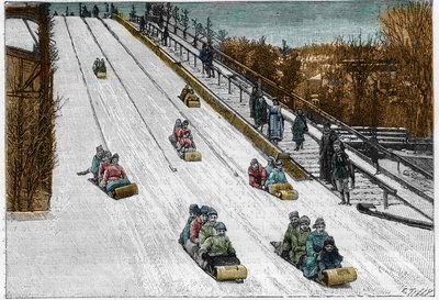 冬のゲームとスポーツ：カナダ、モントリオール公園のトボガン・スライド、ジェットコースター。La Nature.Revue des sciences and de ses applications aux arts and a