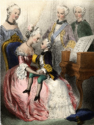 ヴォルフガング・アマデウス・モーツァルト（1756-1791）がオーストリアの皇女マリー・テレーズ（marie therese）に抱かれている姿 - マダム・エウジェニー・フォアの「輝かしい子供たち-歴史物語」より 作： French School