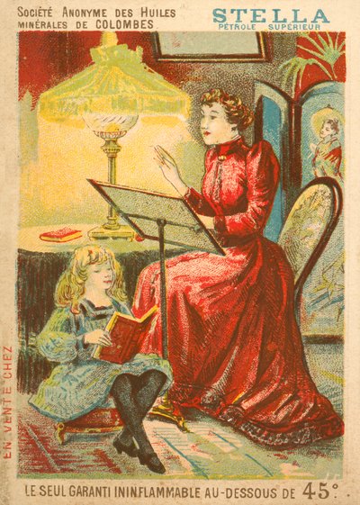 石油ランプの光で読書する女性と子供 作： French School