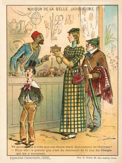 エジプト製品を見る女性（1889年パリ万国博覧会）（クロモリト 作： French School