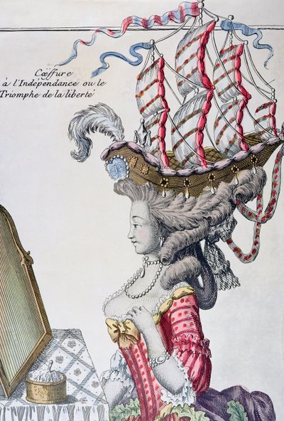ベルプールの髪型のデイドレスを着た女性、アメリカ独立期、1779〜80年 作： French School